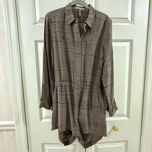 Halston Heritage Silk Shirt Romper Taupe Brown Print Long Sleeve Size L